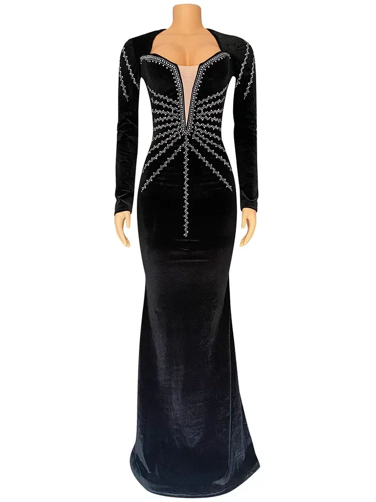 2025 Elegant Diamonds Velvet Long Party Dress for Women Sexy Deep V Evening Gown Formal Black Slim Dress Robe