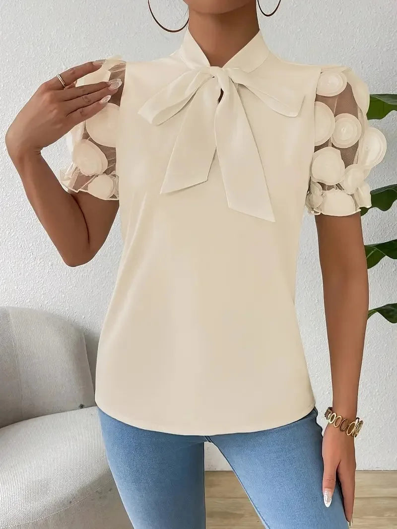 Summer Short Sleeve Blouses For Women 2025 Fashion Loose Bow O-neck White Tops Casual Ladies Shirts Elegant