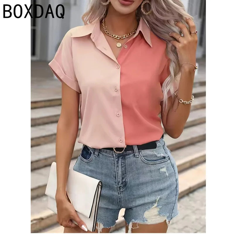 Classic Fashion Two Color Spliced Short-sleeved Shirt Women's Summer New Casual Buckle Slim Shirt Office Ladies's Work Shirt