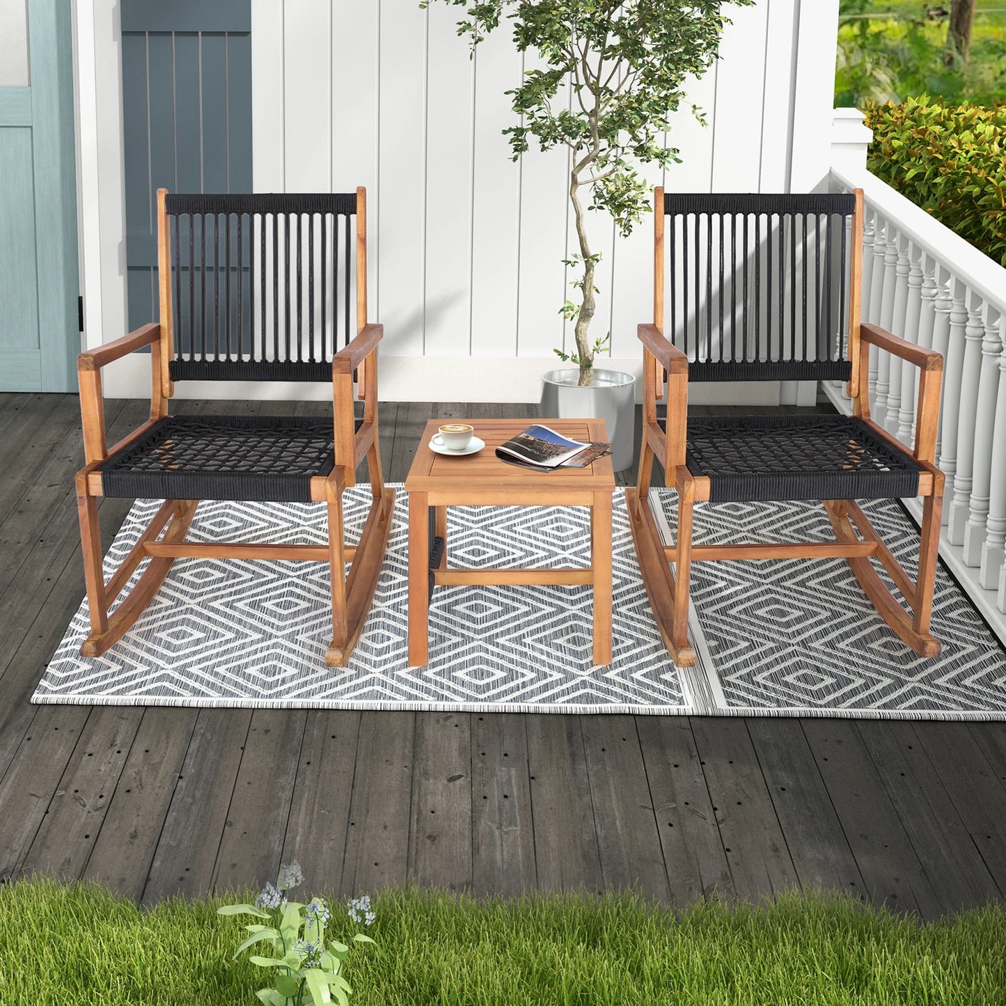 3pcs Patio Acacia Wood Bistro Table Rocking Chair Set All-Weather Rope Outdoor