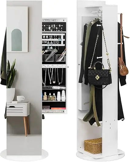 360° Swivel Jewelry Armoire with Full Length Mirror, Slide Jewelry Cabinet Rotating Freestanding Jewelry Organizer with Coat Ra