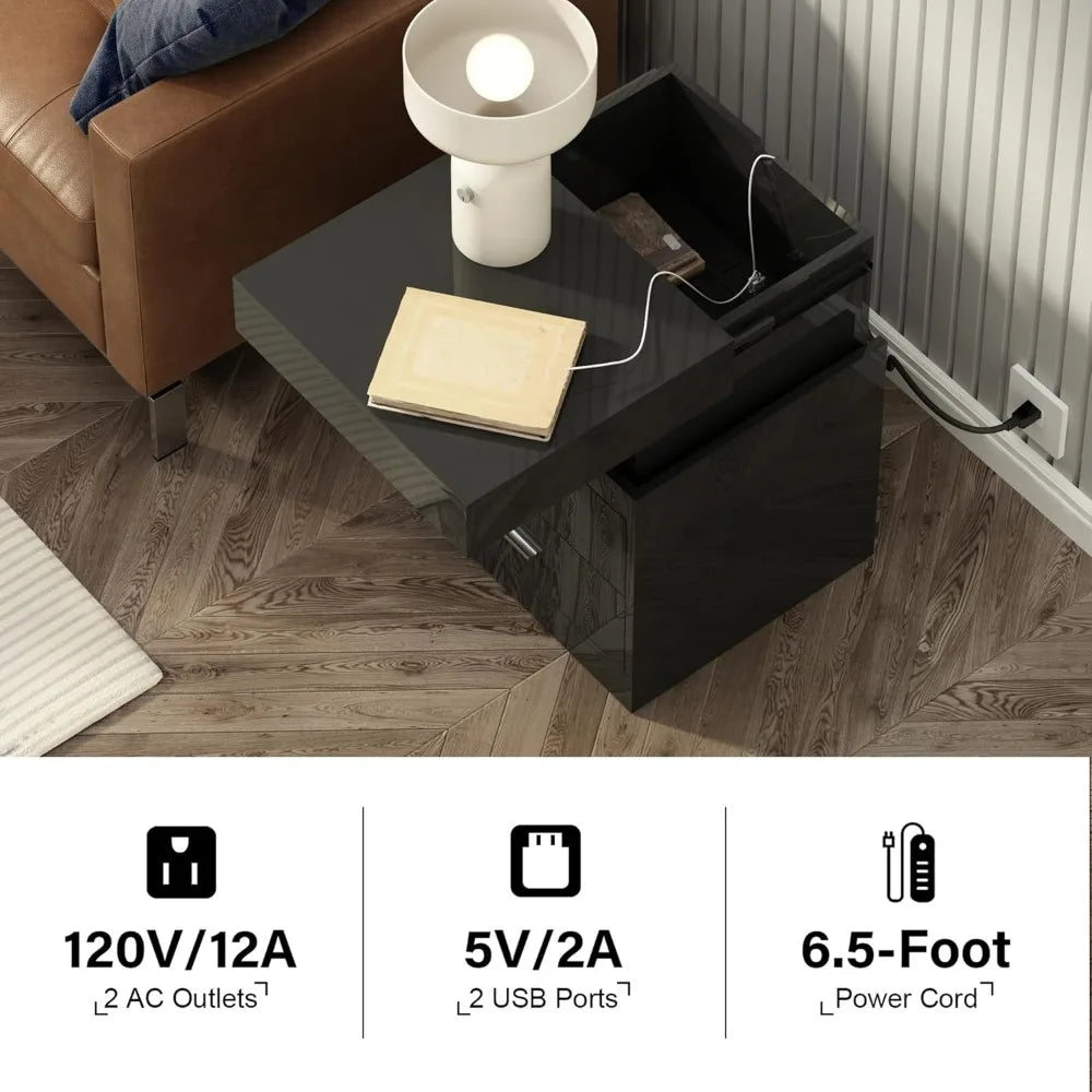 LED Nightstand with Charging Station,Smart Night Stand with Sliding Top Storage, 2-Drawers High Gloss Bedside Table, Modern End