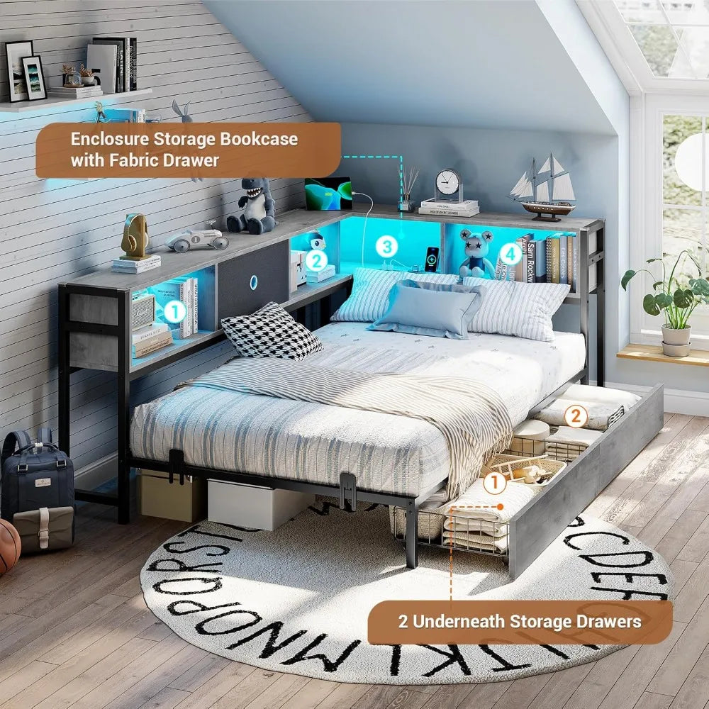 Hasuit Corner Bed Frame with Storage Bookcase, Twin Daybed with Storage Drawers Underneath, Kids Bed Unit with Charging