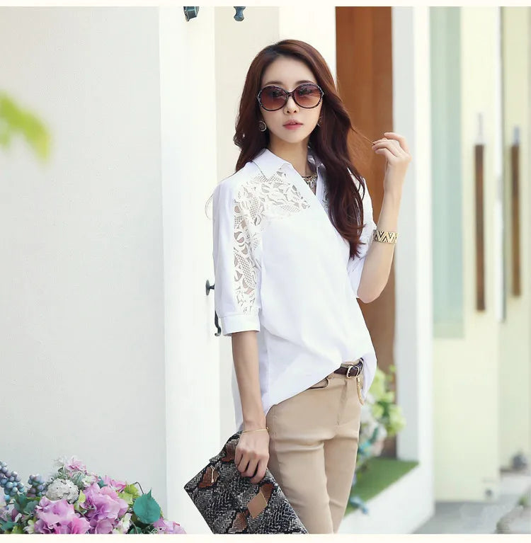 Sexy Lace Patchwork White Chiffon Button Up Shirt for Women Summer Casual Simple Loose Half Sleeve Ladies Tops Blouses Clothing
