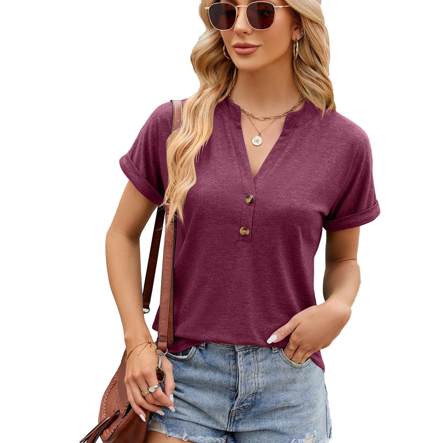 Summer Elegant Casual Shirt Fashion Button V Neck Short Sleeve Tops Solid Tunics Women'S Shirts Vintage Harajuku Lady Blouses