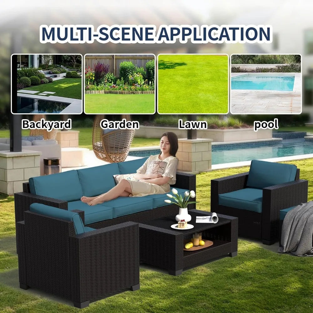 7 Piece Patio Furniture Set, Wicker Outdoor Sectional Sofa with Washable Cushion Covers and Tempered Glass Table, Rattan Convers