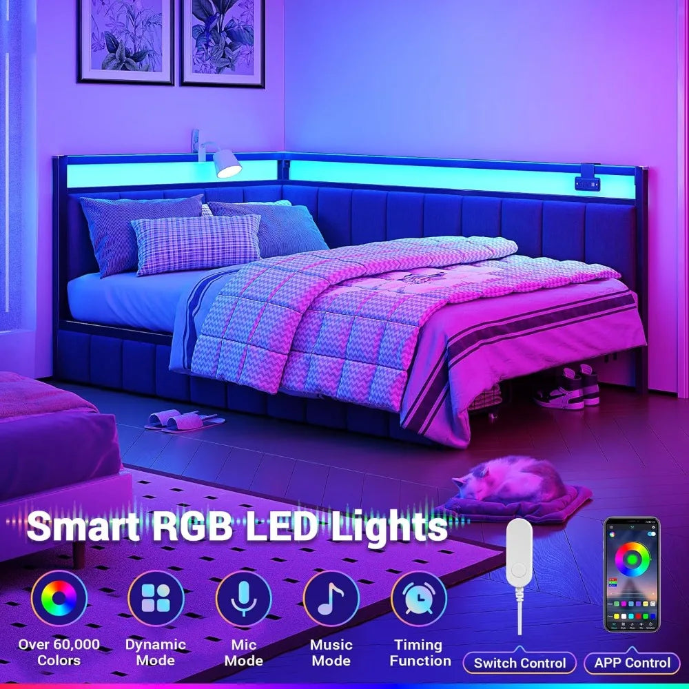 Hasuit Corner Bed Frame with Storage Drawers, Twin Daybed with Line Fabric Upholstered Fence, Kids Bed Unit with LED Light
