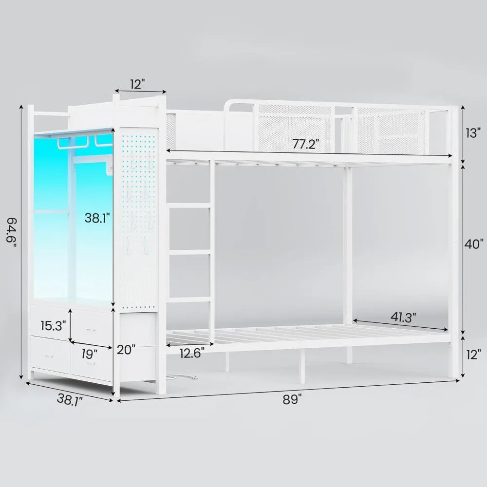 Twin Over Twin Metal Bunk Bed with Hall Tree, Power Outlet, LED Lighting, 4 Storage Drawers, and Safety Guardrail