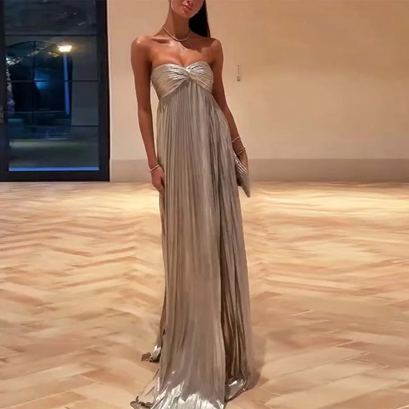 Sexy Strapless Kink Elegant Party Dresses Woman Chic Solid High Waist Pleated Maxi Dress Summer Backless Hollow Split Long Dress
