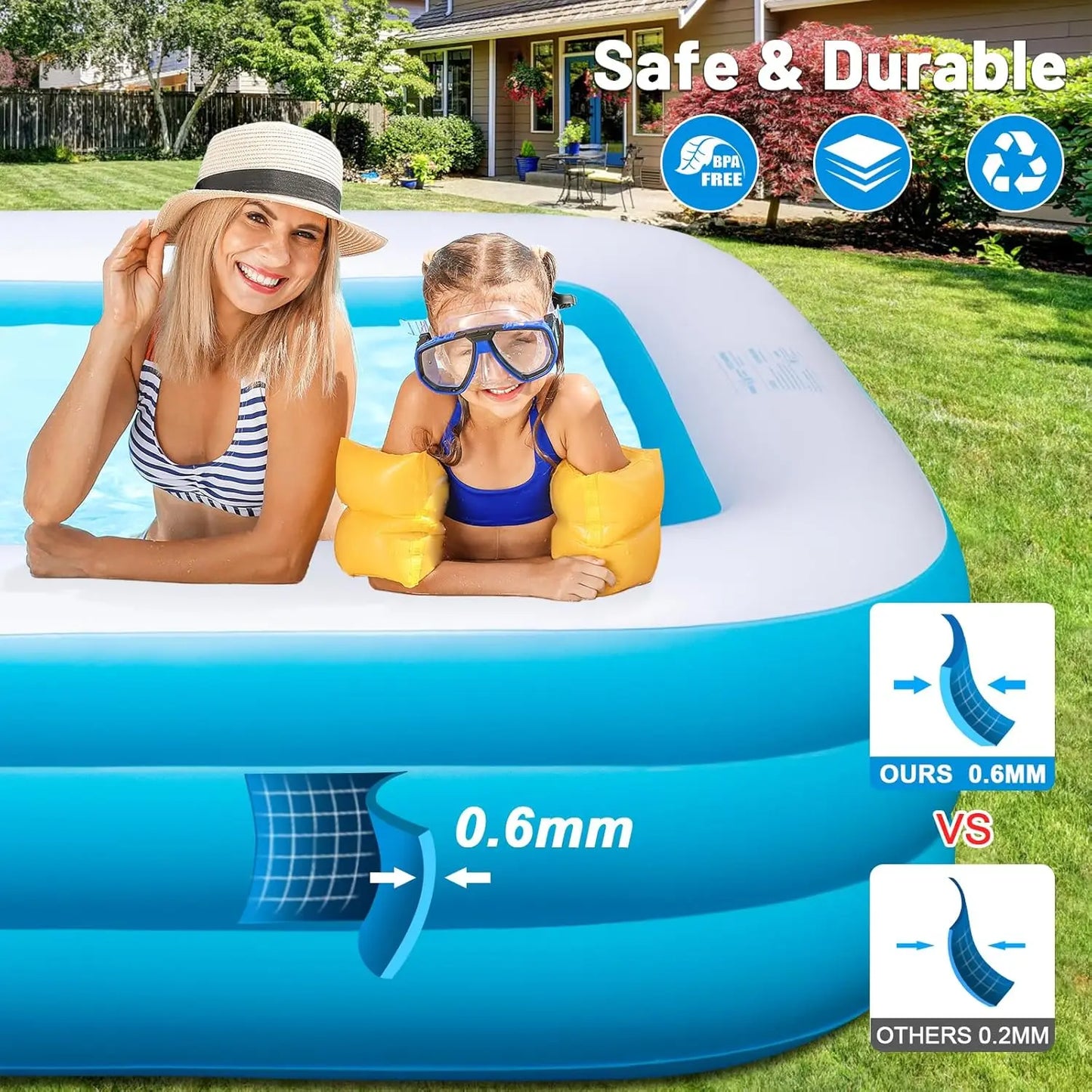 Inflatable Pool with Lights, 130"x72"x22" Solar Inflatable Swimming Pool with Air Pump for Kids, Adults, Family, 7 Color Large B