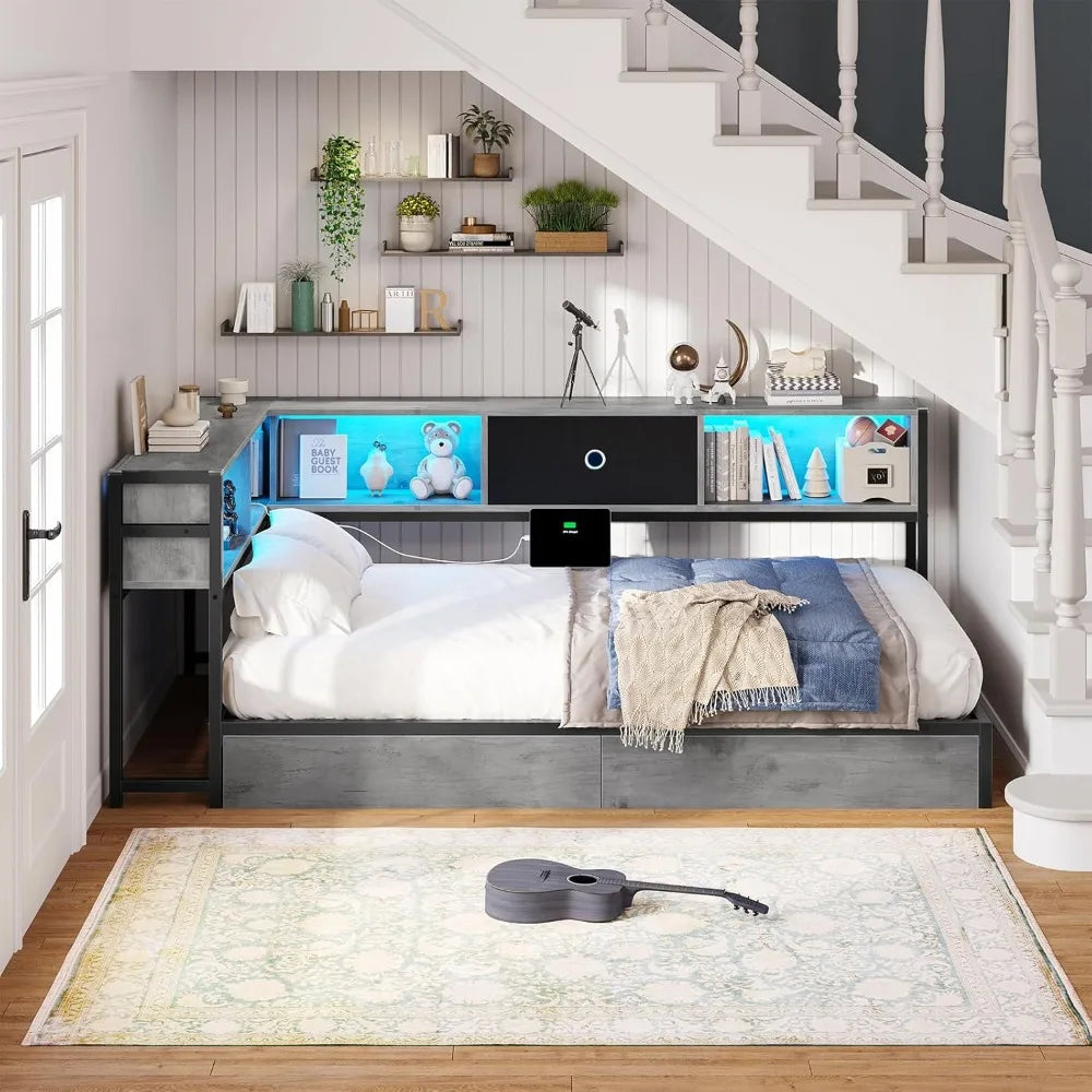 Hasuit Corner Bed Frame with Storage Bookcase, Twin Daybed with Storage Drawers Underneath, Kids Bed Unit with Charging
