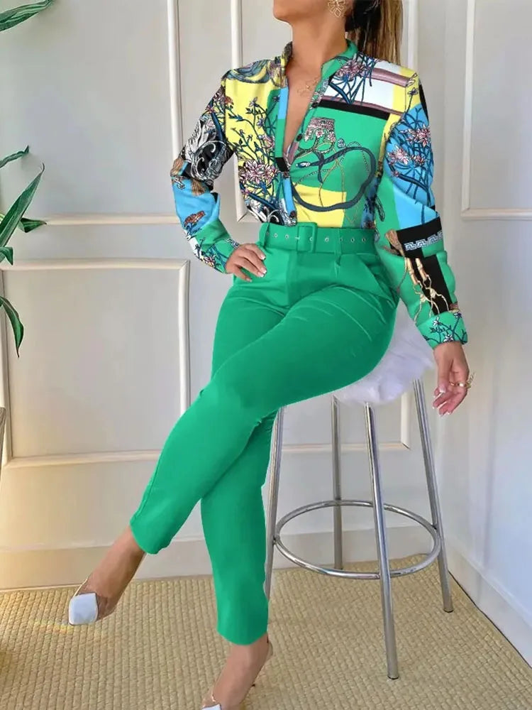 Spring New Printed Long Sleeved Shirt Suit Women's Slim Retro Stand Collar Pocket Small Foot Trousers Two Piece Set With Belt