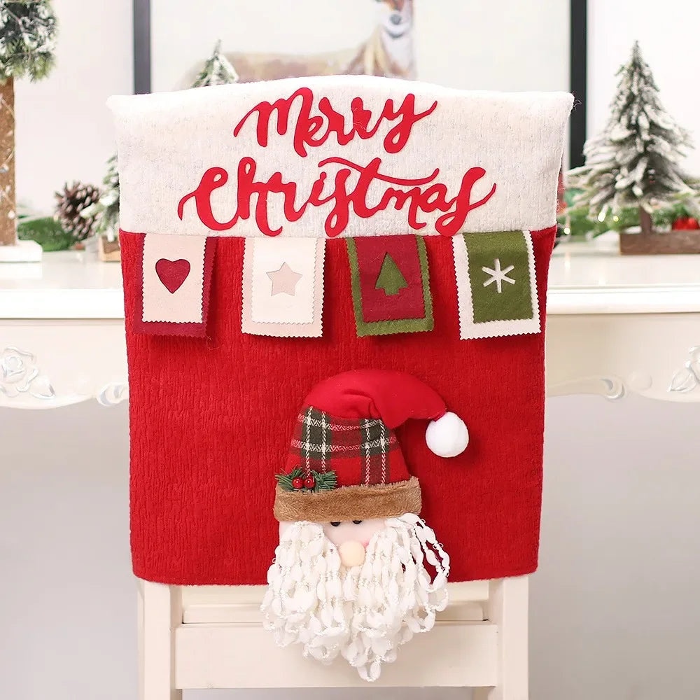 Reusable Christmas Chair Cover 3D Santa Claus Elk Chair Seat Cover Home Xmas New Year Supplies Christmas Decoration