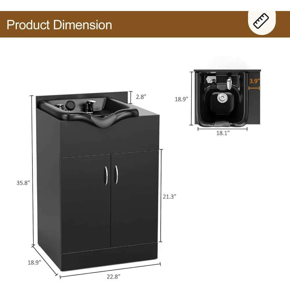 Black Shampoo Cabinet Station for Salon, Salon Backwash Station with Shampoo Bowl, Suitable Height Match with Shampoo Chair