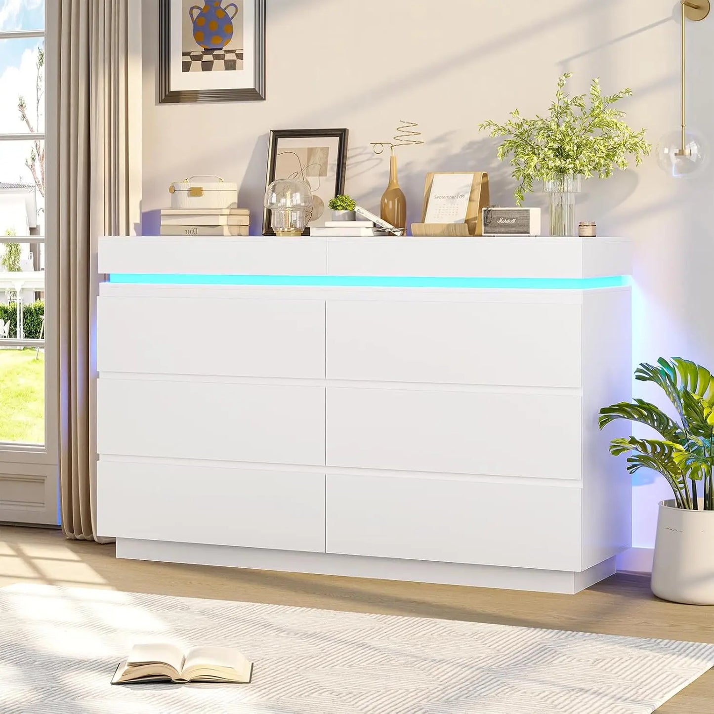 Modern 6 Drawer Dresser with Sliding Desktop,Wide Chest of Drawers with Charging Station& LED Lights,Large Storage Tower Clothes