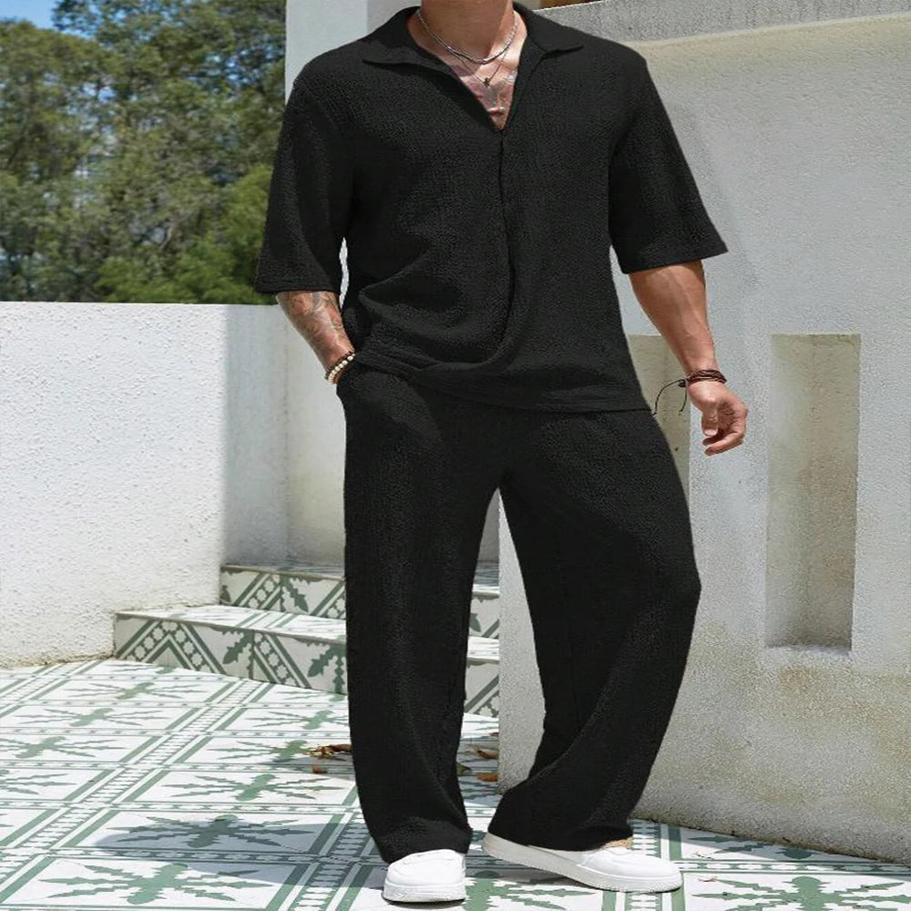 New Spring summer Men's retro casual suit collar solid color half-sleeved shirt loose drawstring pants Two-piece beach Suit