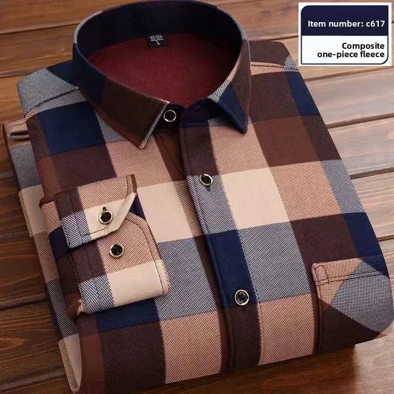 2025 Men's Autumn Winter Thick Warm Long Sleeve Plaid Shirt