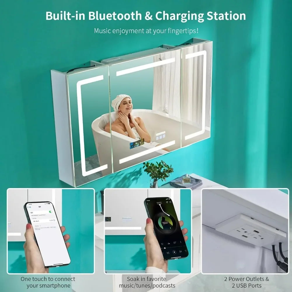 LED Medicine Cabinet with Smart Mirror, 48" Wide Bathroom Medicine Cabinet with Bluetooth& Speaker, Clock, Room Temp Display, D