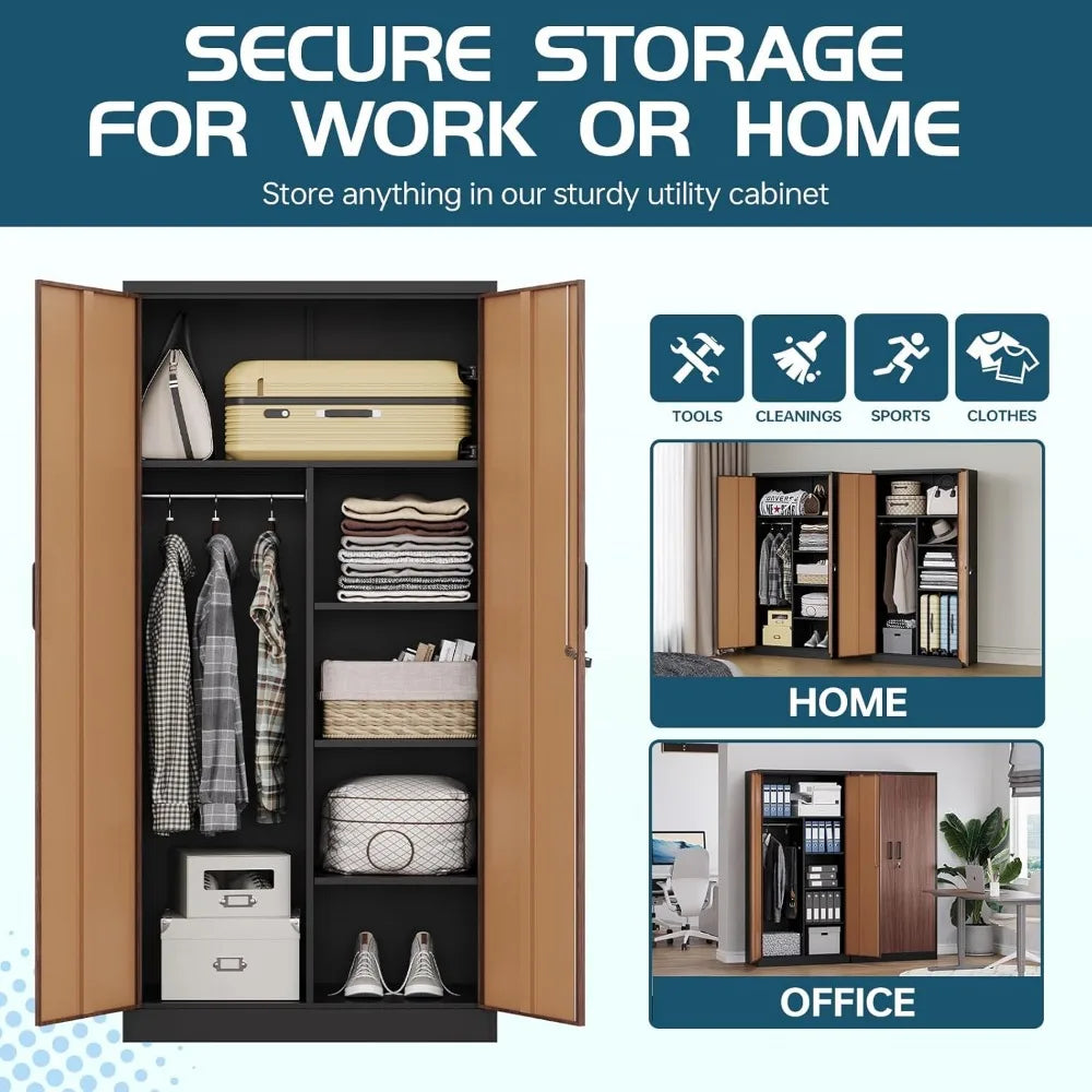 Metal Wardrobe Cabinet with Locking Doors, Metal Storage Armoire Closet for Clothing, 2 Door Woodgrain Locker Cabinet with Adju