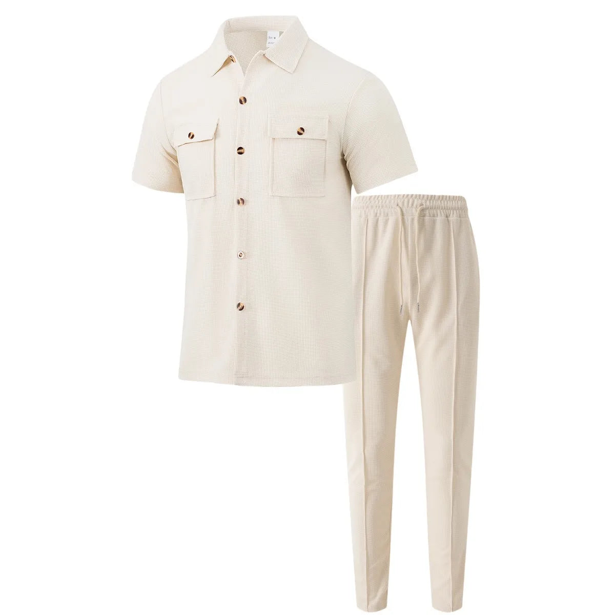 2025 New solid color button pocket shirt short sleeve trousers waffle check two-piece set, outdoor travel set spring and summer