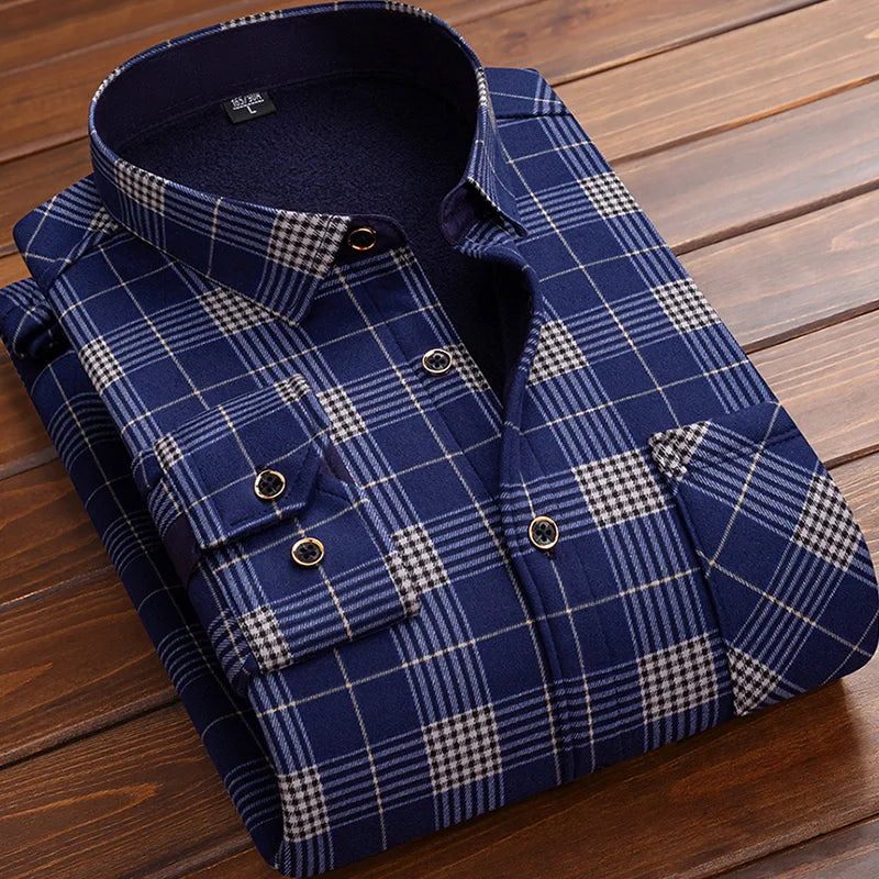 2025 Men's Autumn Winter Thick Warm Long Sleeve Plaid Shirt