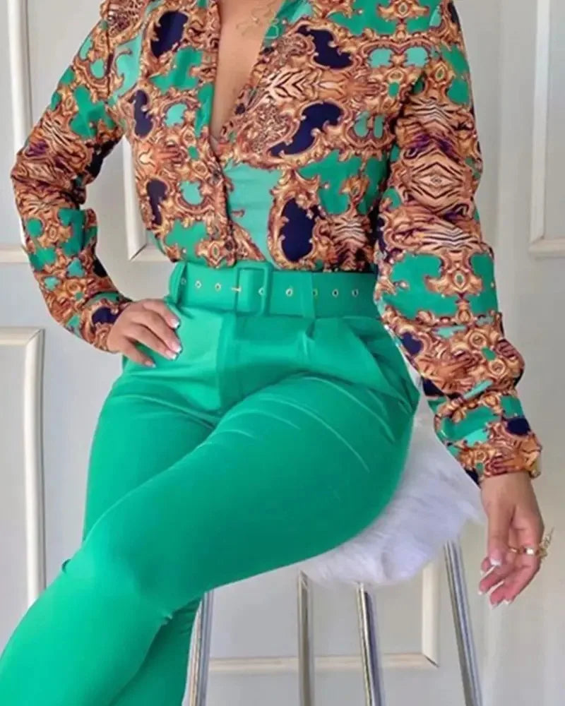 Spring New Printed Long Sleeved Shirt Suit Women's Slim Retro Stand Collar Pocket Small Foot Trousers Two Piece Set With Belt