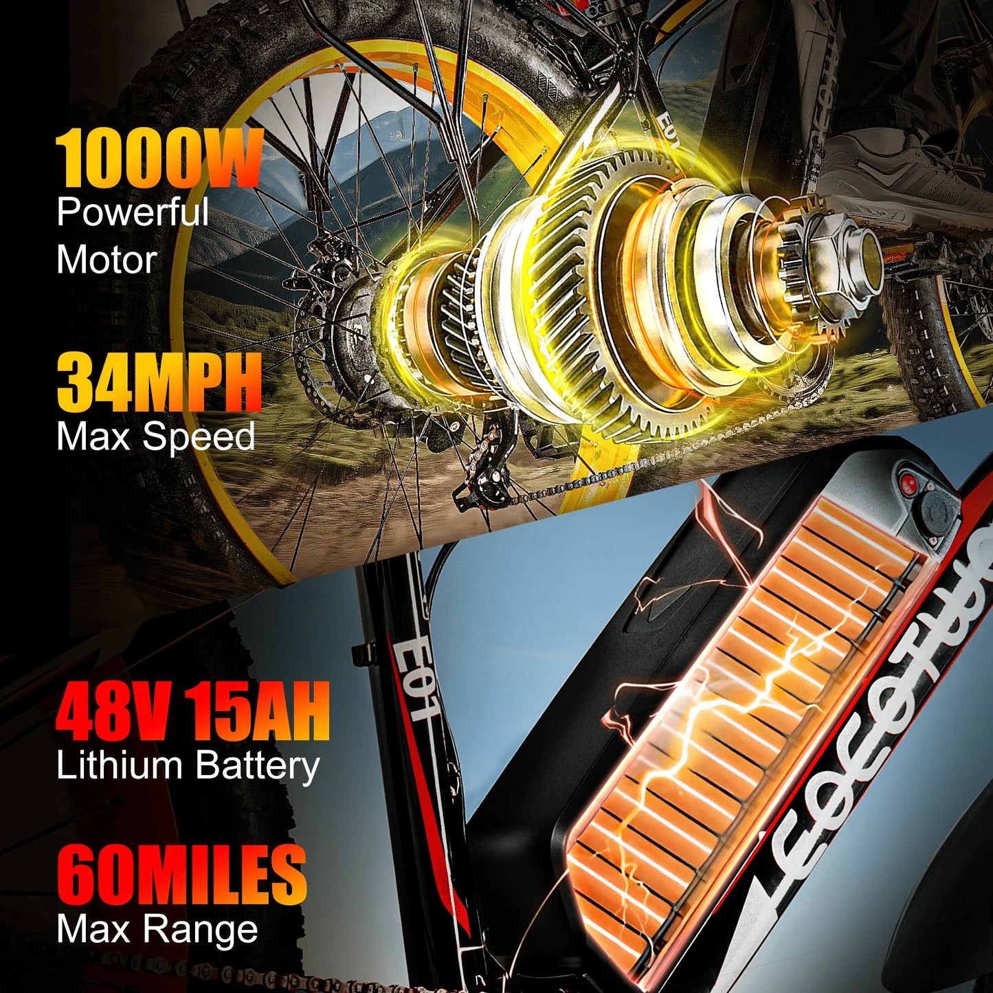 Electric Bike Adults 1500W Peak Motor 34Mph Electric Bicycle 26" Fat Tire Mountain Bike 60Mile Range 48V 15AH Electric Dirt Bike