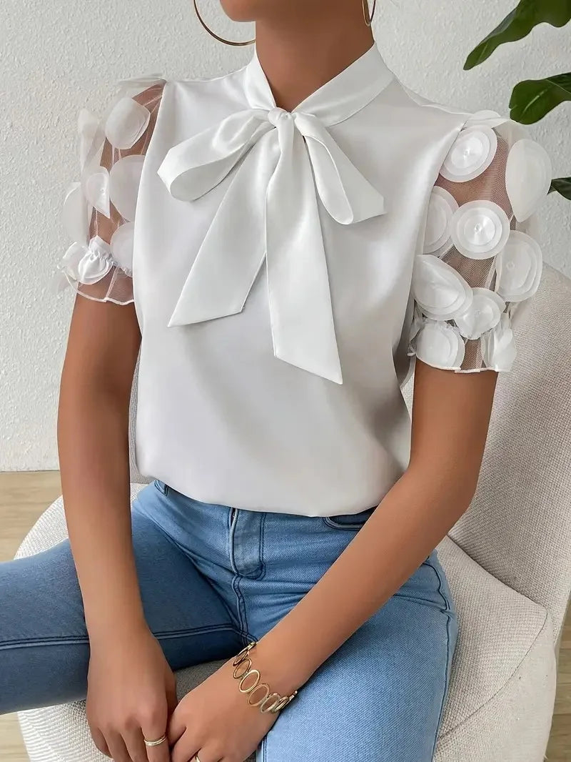 Summer Short Sleeve Blouses For Women 2025 Fashion Loose Bow O-neck White Tops Casual Ladies Shirts Elegant