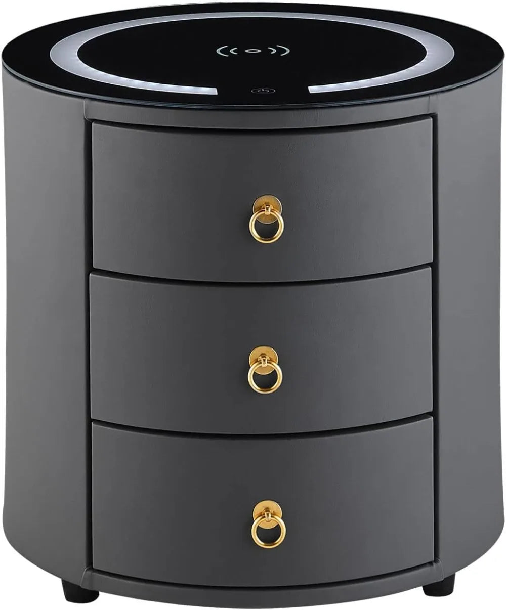 Smart Nightstand with Wireless Charging Station & LED Lights, Modern Round Bedside Table with 3 Drawers, Faux Leather End Table