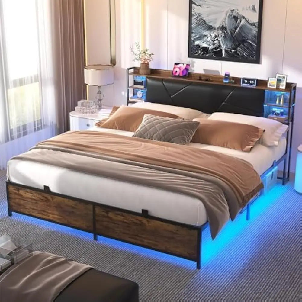 LED King Size Bed Frame with Charging Outlets & Sturdy Bed W/Upholstered Headboard, Heavy Duty Metal Slats, No Box Spring Needed