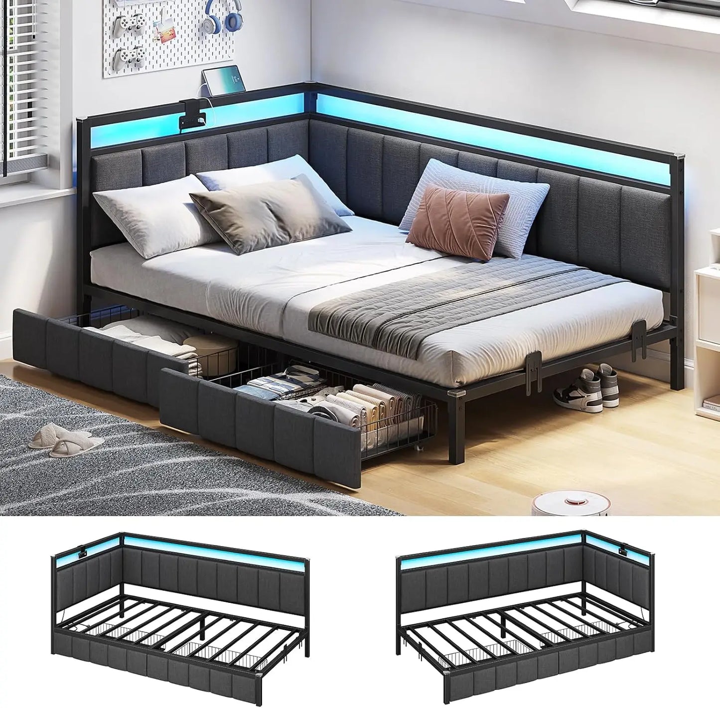 Hasuit Corner Bed Frame with Storage Drawers, Twin Daybed with Line Fabric Upholstered Fence, Kids Bed Unit with LED Light