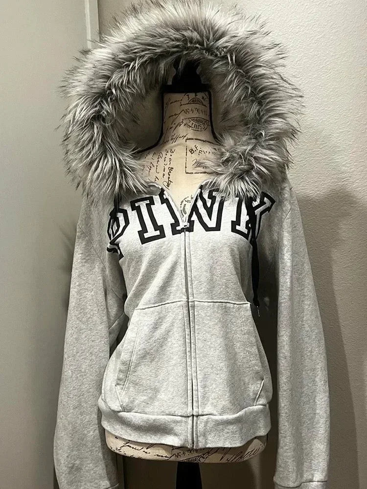 Y2K Gray Flocked Hoodie Womens Harajuku Retro Letter Graphic Embroidered Zipper Jacket Autumn Winter Gothic Sweet Sexy Slim Coat