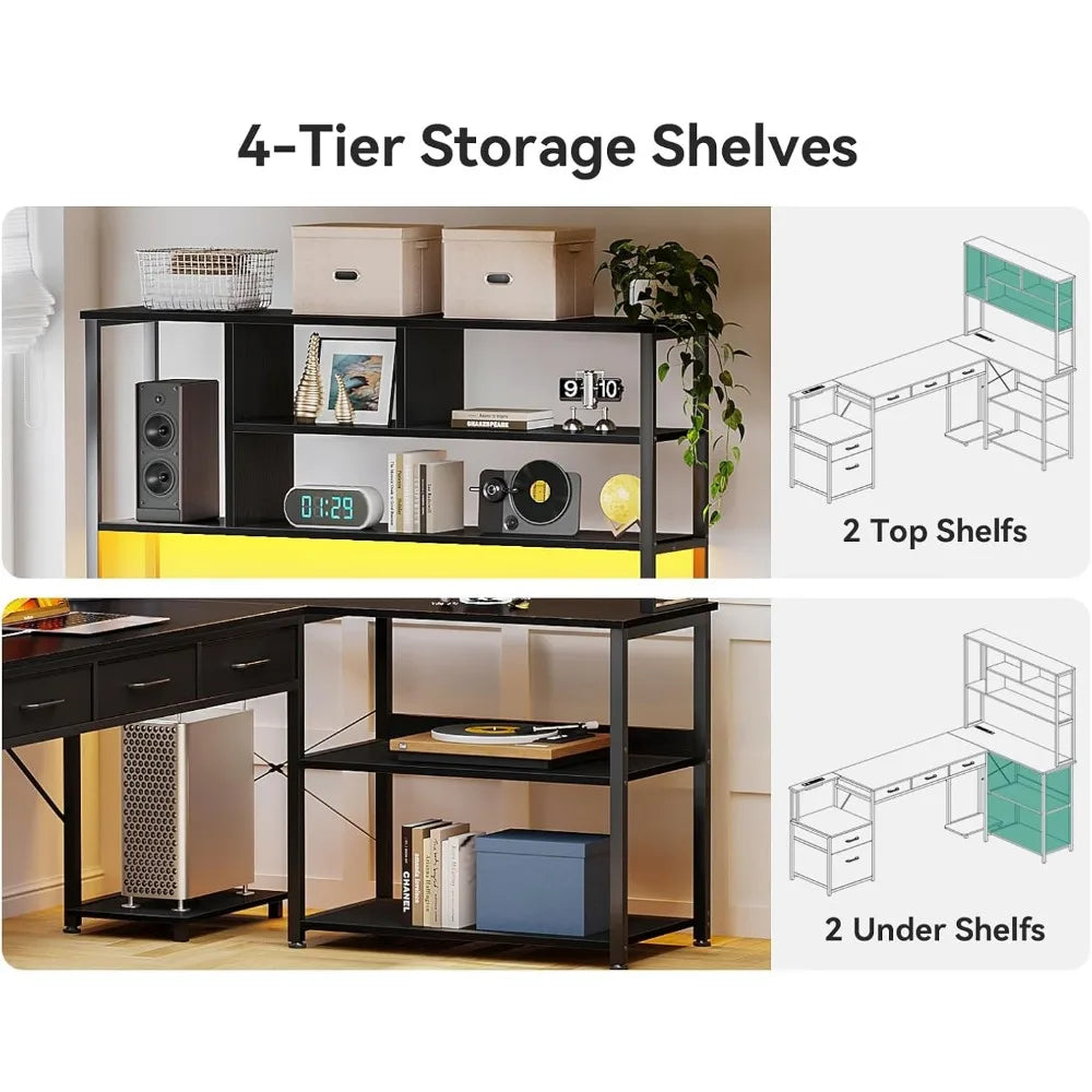 79 inch L Shaped Desk with File Drawers, Reversible L Shaped Gaming Desk with Power Outlets & LED Lights, Computer Desk with St