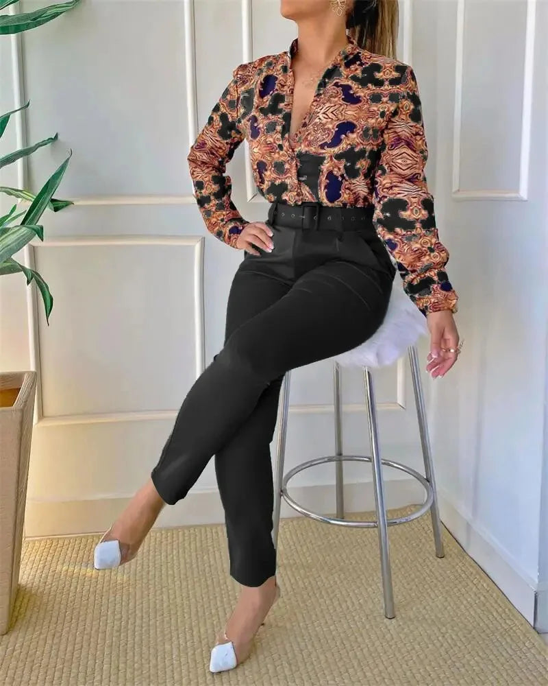 Spring New Printed Long Sleeved Shirt Suit Women's Slim Retro Stand Collar Pocket Small Foot Trousers Two Piece Set With Belt