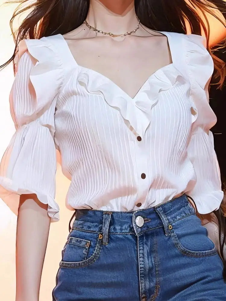 French Elegant Shirts V Neck Puff Sleeve Solid Color Ruffles Patchwork Single Breasted Blouses Summer All Match Women's Clothing