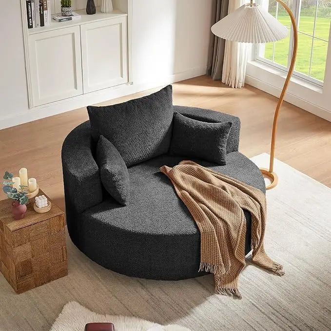 55.1” Oversized Round Swivel Barrel Chair, Large Upholstered Accent Sofa Chair with 3 Pillow,Comfy Chenille Cloud Circle Reading