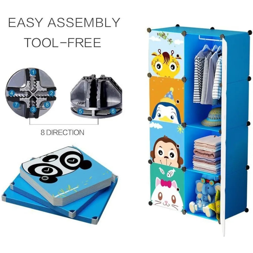 Children Wardrobe Kid Dresser Cute Baby Portable Closet Bedroom Armoire Clothes Hanging Storage Rack Cube Organizer(Blue, 6 Cub