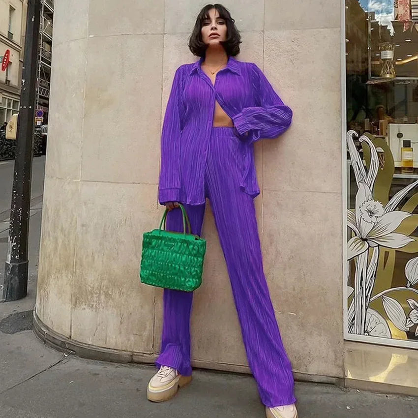 CM.YAYA Street Women's Set Long Sleeve Shirt Tops and Wide Leg Pants Elegant Tracksuit Two Piece Set Sweatsuit Fitness Outfits