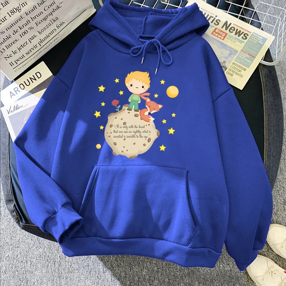 Little Prince and Fox Hoodies Women Casual Sweatshirts Kawaii Cartoon Printing Hoody Cute Clothes for Girls Graphic Hooded Tops