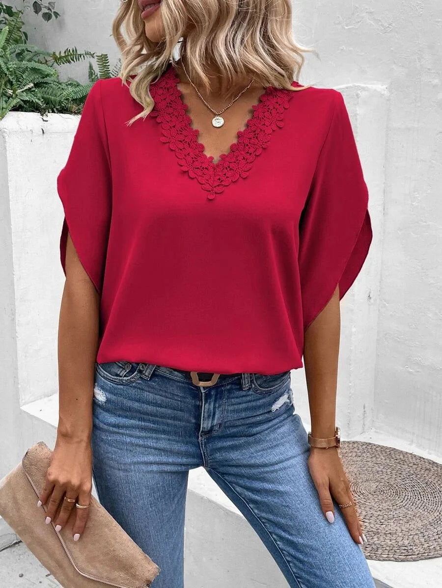 Women's Summer New Solid Lace V-neck Flare Sleeve Loose Fitting Shirt Elegant Fashion Casual Chiffon Versatile Pullover Shirt