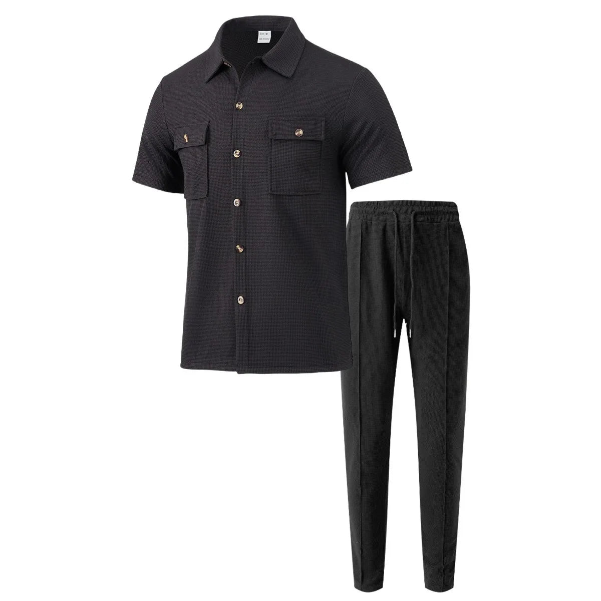 2025 New solid color button pocket shirt short sleeve trousers waffle check two-piece set, outdoor travel set spring and summer