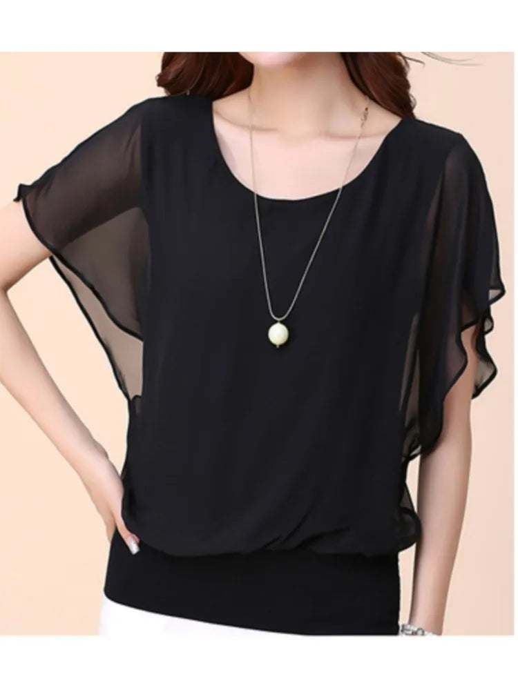 New Summer O Neck Short Sleeve Loose Fashion Chiffon Shirt For Women Top Black Casual Shirts Women Clothes 2025