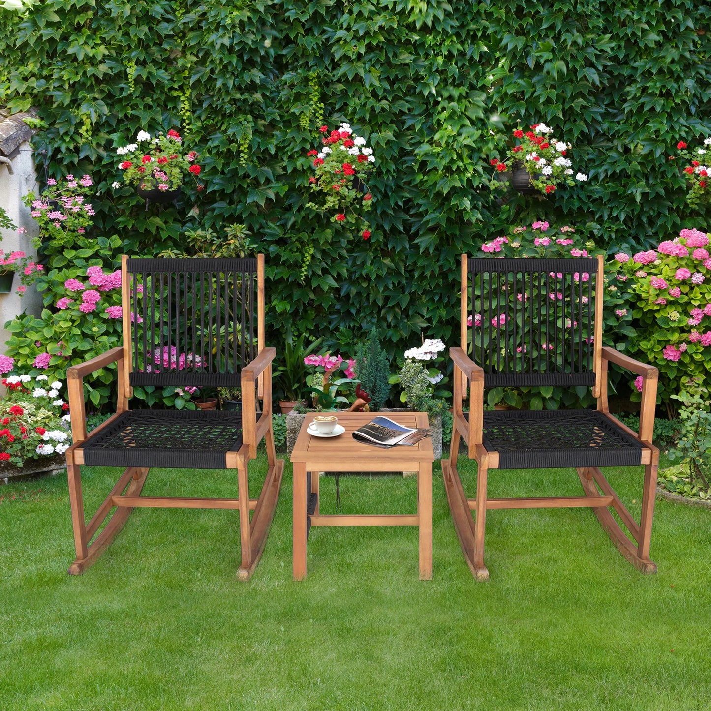 3pcs Patio Acacia Wood Bistro Table Rocking Chair Set All-Weather Rope Outdoor