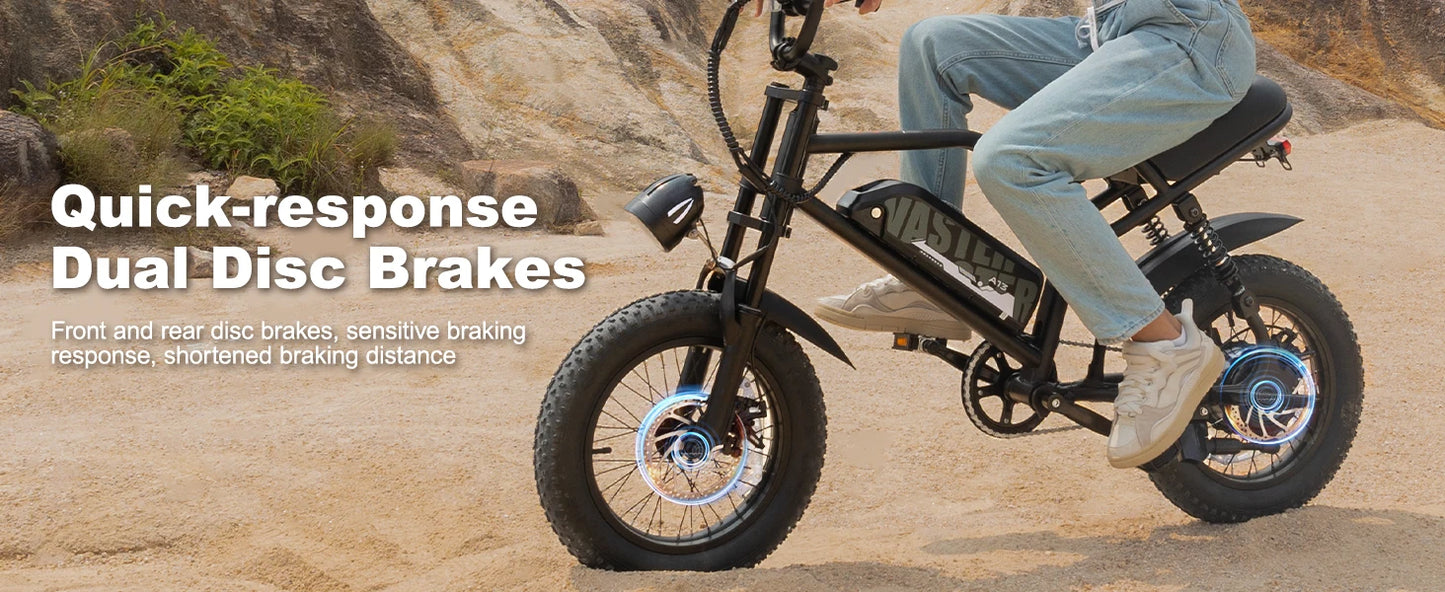 VDL Mountain Electric Bike , 16" Fat Tire Ebike, Wider Seat 800W Peak Motor, Removable Battery, Front Fork Suspension