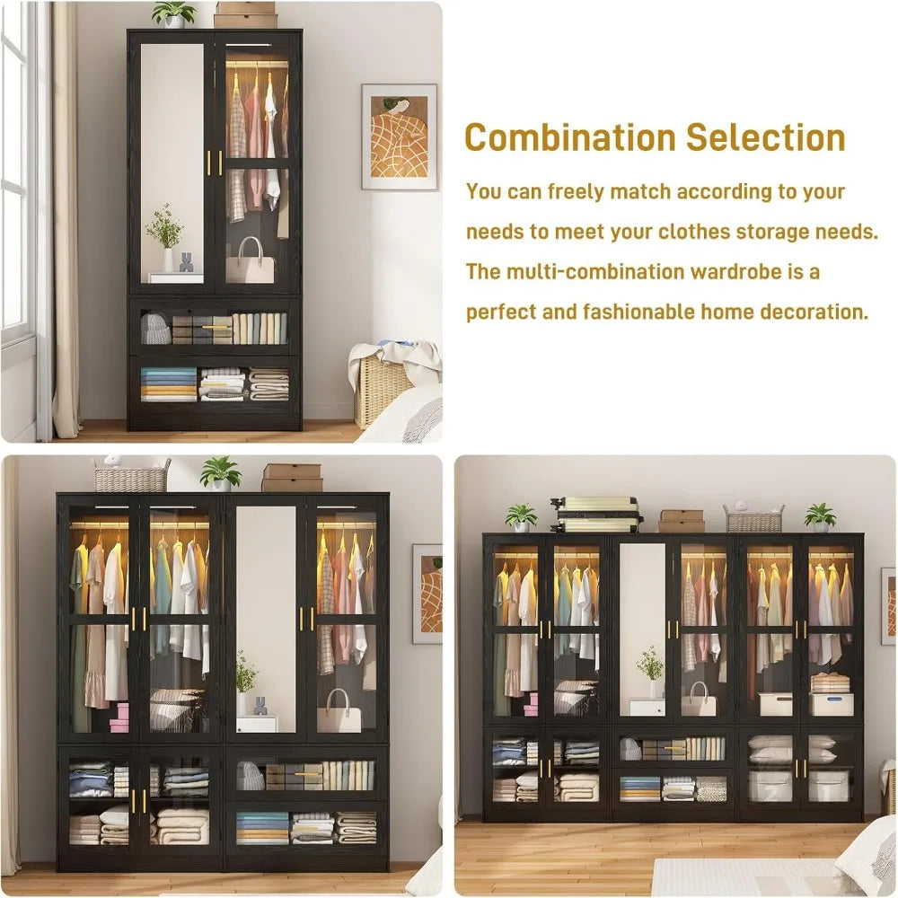 2 Doors Armoire Wardrobe Closet with LED and Mirror,71" H Freestanding Wooden Wardrobe Closet Cabinet for Bedroom w 2 Drawers,Wo