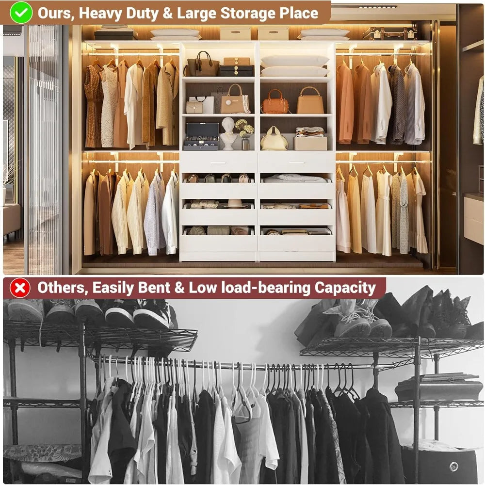 Closet System with 8 Wooden Drawers, Wood Closet Organizer System with Tower, Walk-in Closet Organizer Wardrobe Clothes Rack wi