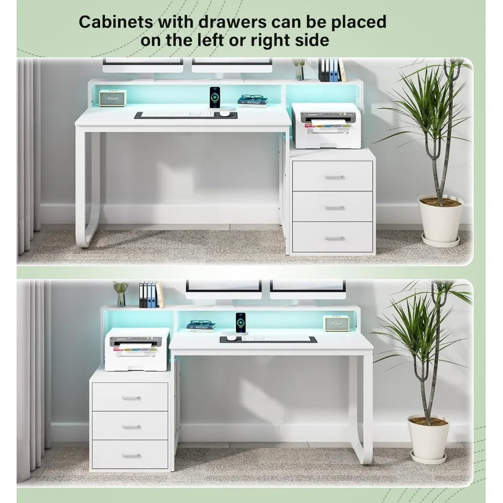 67" Computer Desk with 3 Drawers, Home Office Desk with Long Monitor Stand and Printer Space, Office Desk with Storage & LED Li