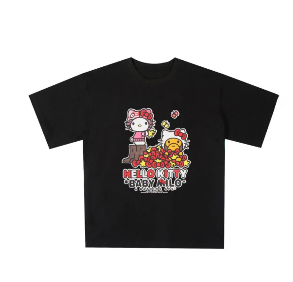 HelloKitty Sanlio Classic INS Letter Print Cotton Loose Male and Female Couple Short Sleeve T-shirt Is for Both Men and Women