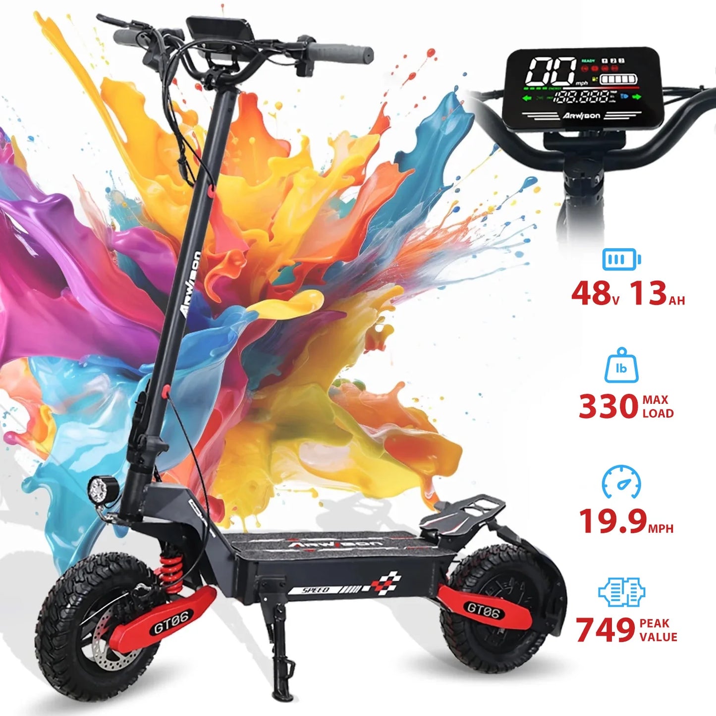 Adult electric scooter, electric commuting scooter, range of 28 miles, 1200W motor dual braking system and shock absorption