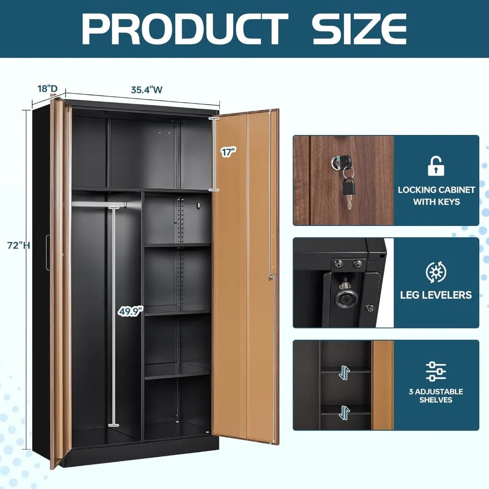 Metal Wardrobe Cabinet with Locking Doors, Metal Storage Armoire Closet for Clothing, 2 Door Woodgrain Locker Cabinet with Adju